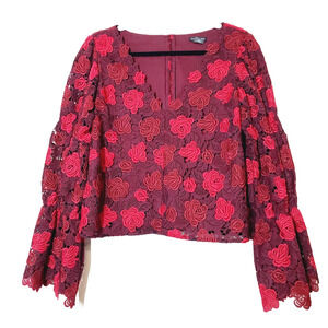 Club Monaco Womens Large Top Lace Crochet Floral‎ Bell Flare Sleeve Red